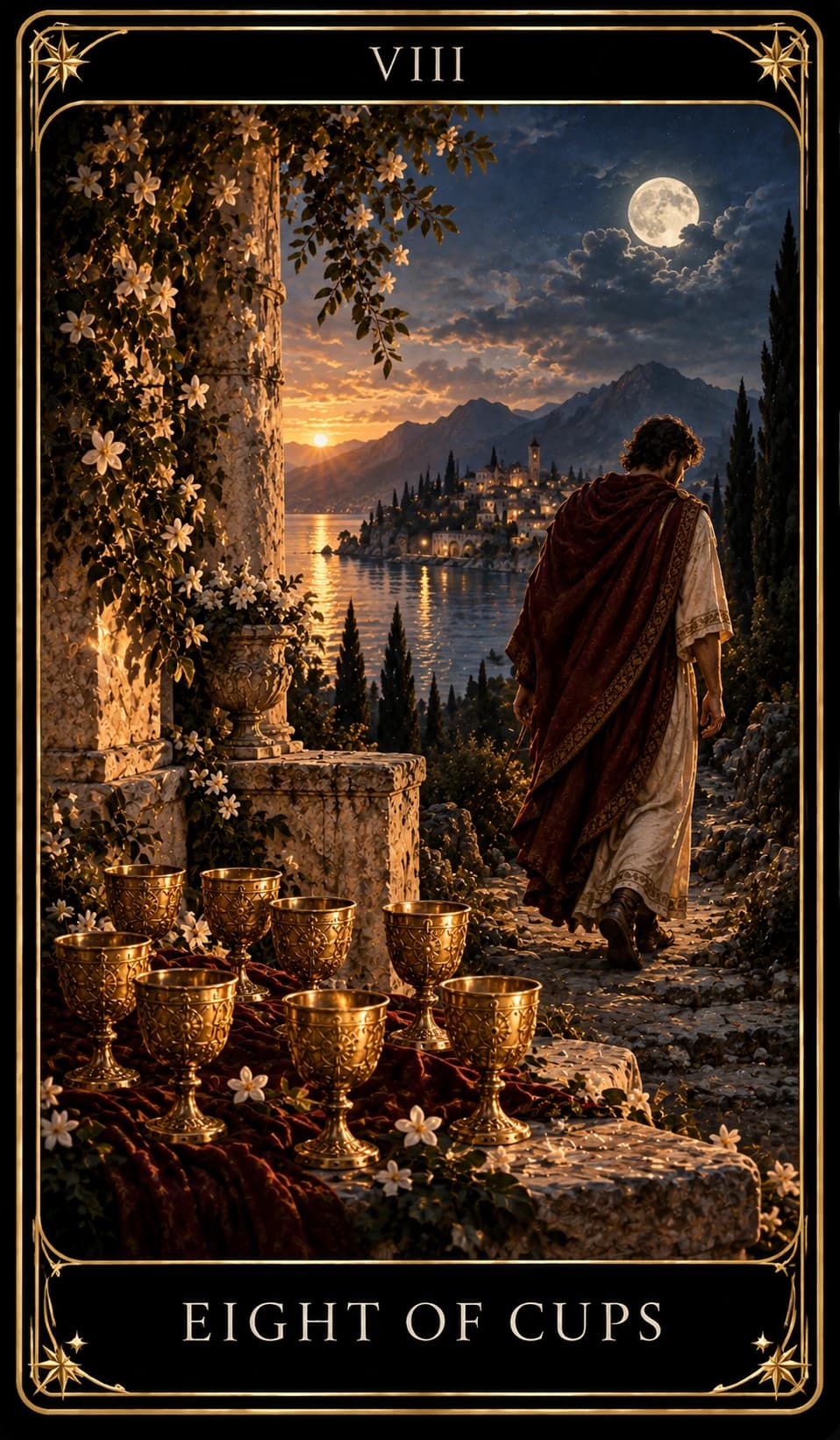 Eight of Cups tarot card, upright.