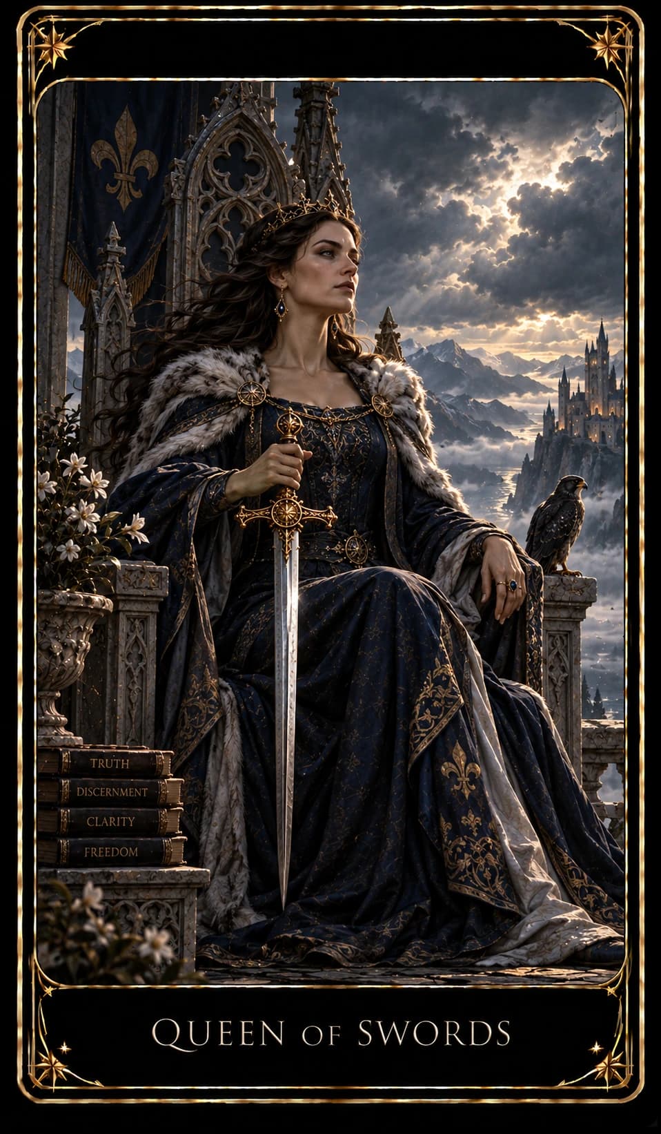 Queen of Swords tarot card, upright.
